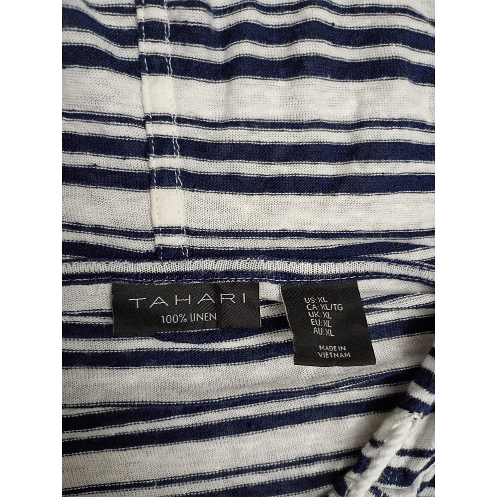 Tahari Women XL Blue White Striped 100% Linen Hoodie V-Neck Tassel Drawstring - Picture 4 of 7
